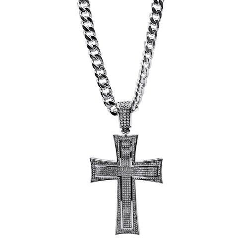Collar Plata .925 Cadena Cubana y Cruz de Piedra Zirconia .