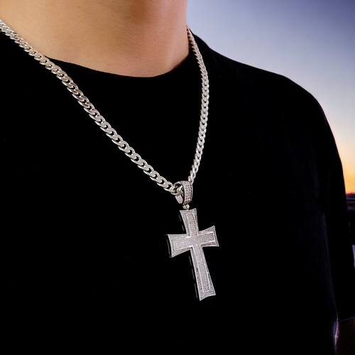 Collar Plata .925 Cadena Cubana y Cruz de Piedra Zirconia .