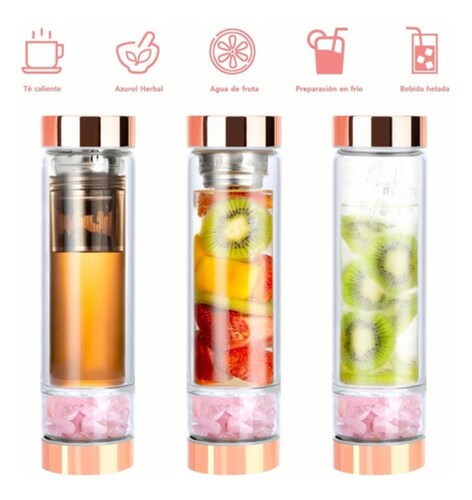 Termo Botella Agua Infusor De Te Con Cristal Energético Rosa Golden