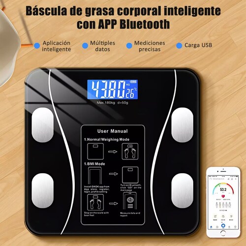 Báscula Electrónica Led con bluetooth con App para medir grasa corporal,  peso, masa muscular, edad metabólica
