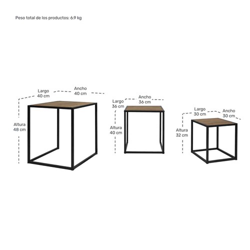 Set Mesa de Centro Cuadrada 3 Pzs Minimalista Industrial Cafe Madera