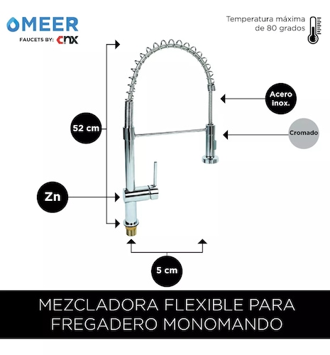 MEER Faucets by CNX | Tarja Sencilla con Escurridor en Acero Inoxidable para Cocina con Escurridor Derecho incluye Mezcladora Flexible con Dos Tipos de Chorro y Kit de Instalación