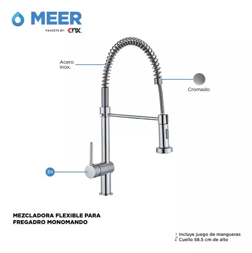 MEER Faucets by CNX | Tarja Sencilla con Escurridor en Acero Inoxidable para Cocina con Escurridor Derecho incluye Mezcladora Flexible con Dos Tipos de Chorro y Kit de Instalación