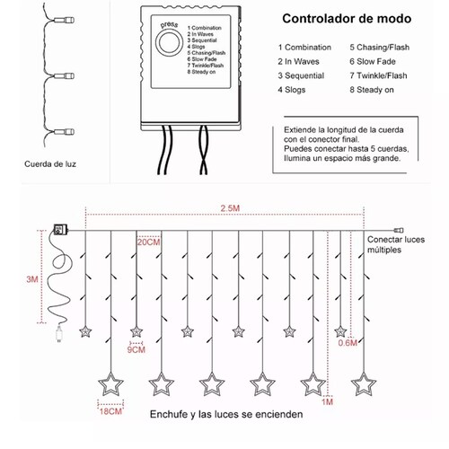 Cortinas Serie Luces led 12 Estrellas Decorativas 8 Modos
