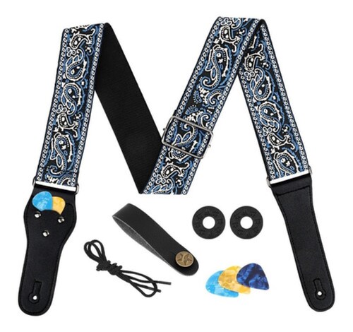 Bajo Correa Para Colgar Guitarra Bordada Con Porta Plumillas Azul