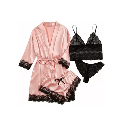 Pijama Seda Cordón Mujer Cómodo Batas Top Conjunto 4 Piezas
