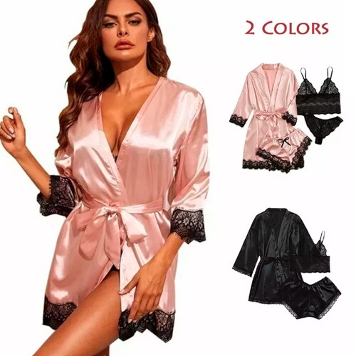 Pijama Seda Cordón Mujer Cómodo Batas Top Conjunto 4 Piezas