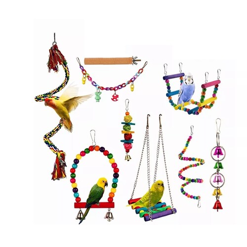 Kit 9pzs De Juguete Para Aves Loro De Pájaro Columpio Campana