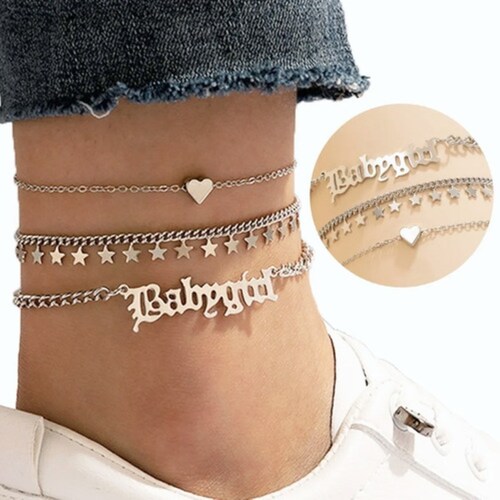 3pcs Pulsera Para Tobillo Mujer De Corazones Letras Estrella Dorado