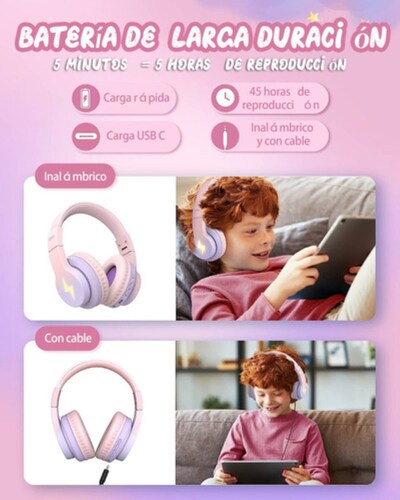 Auriculares Bluetooth Diadema Inalámbricos Para Niños 45h Rosa