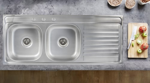 MEER Faucets by CNX | Tarja Doble para Cocina con Escurridero de Acero Inoxidable Satinado, Fregadero Doble para Empotrar, 120 x 50 x 15 cm