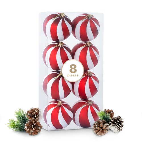Set con 8 Esferas Decoración Navideña 8 cm Adornos para Árbol de Navidad (Roja - Blanco) ESQUIMAL