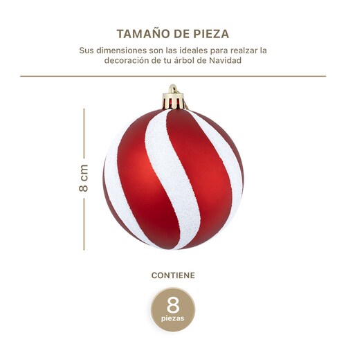 Set con 8 Esferas Decoración Navideña 8 cm Adornos para Árbol de Navidad (Roja - Blanco) ESQUIMAL