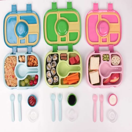 Lonchera para niños tipo bento 5 divisiones, sellado hermético, libre de fugas y derrames, cubiertos incluidos BPA FREE.