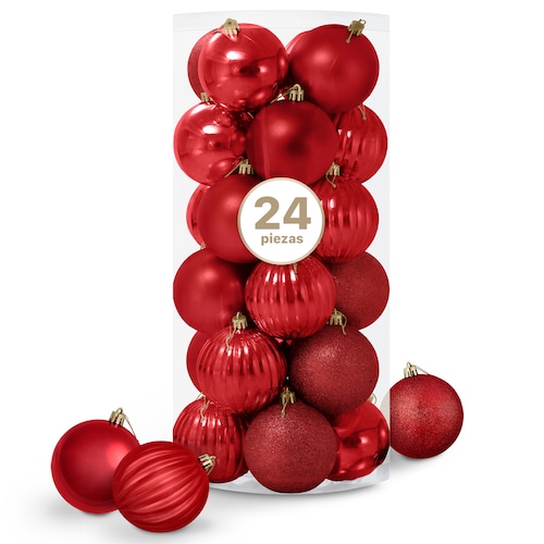 Set con 24 Esferas Decoración Navideña 8 cm Adornos para Árbol de Navidad (Roja) ESQUIMAL