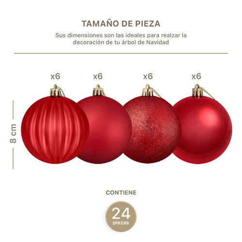 Set con 24 Esferas Decoración Navideña 8 cm Adornos para Árbol de Navidad (Roja) ESQUIMAL