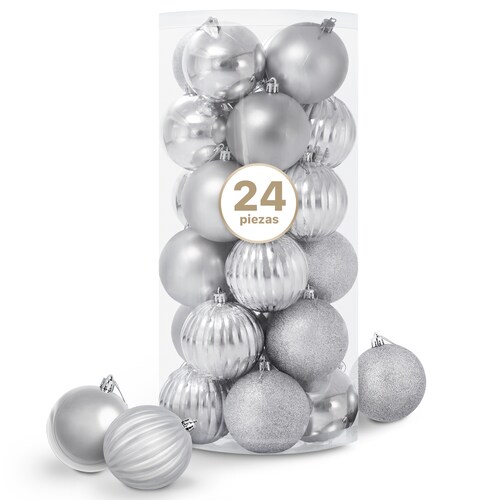 Set con 24 Esferas Decoración Navideña 8 cm Adornos para Árbol de Navidad (Plateado) ESQUIMAL