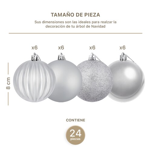 Set con 24 Esferas Decoración Navideña 8 cm Adornos para Árbol de Navidad (Plateado) ESQUIMAL