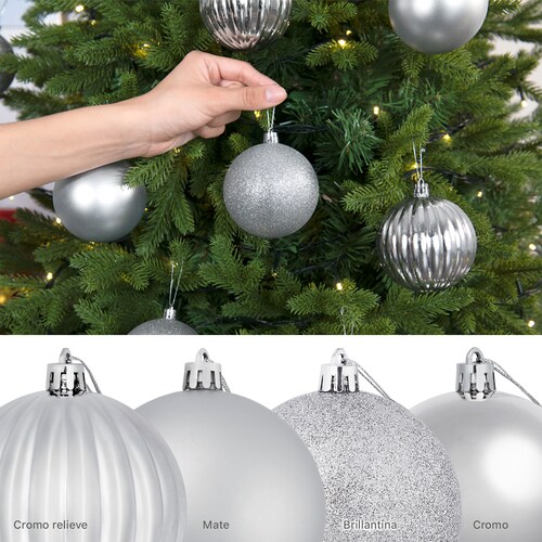 Set con 24 Esferas Decoración Navideña 8 cm Adornos para Árbol de Navidad (Plateado) ESQUIMAL