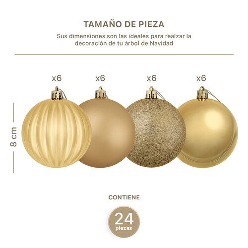 Set con 24 Esferas Decoración Navideña 8 cm Adornos para Árbol de Navidad (Dorado) ESQUIMAL