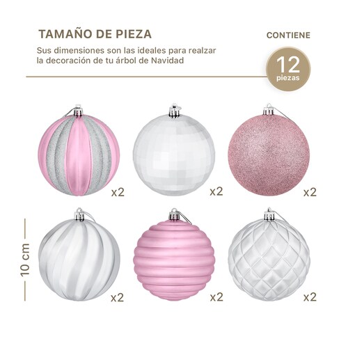 Set con 12 Esferas Decoración Navideña 10cm Adornos para Árbol de Navidad (Rosa - Plateado) ESQUIMAL