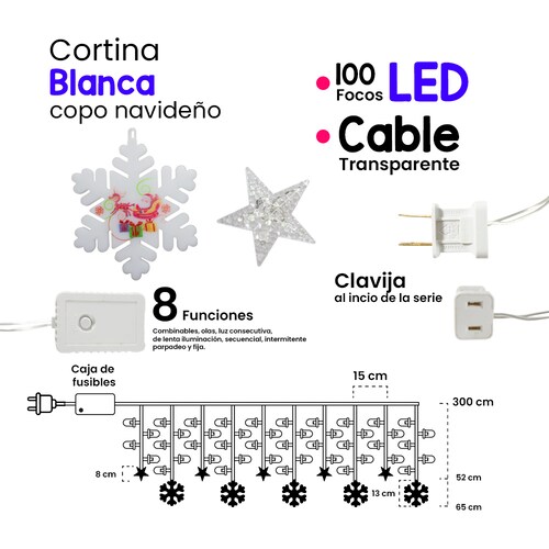 Cortina Serie Luz Blanca 100 Led Figura Copo De Nieve 3mts