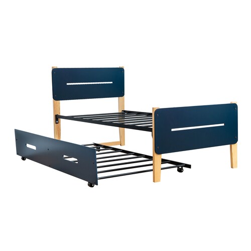 CAMA JUNO INDIVIDUAL AZUL + 2 PACK COLCHONES EN CAJA 