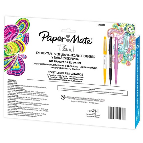 Paper Mate Flair, Marcadores, Bolígrafos, Rotuladores de punta Ultra Fina (0.4mm), Media (0.7mm) y Gruesa (1.2mm), 24 Piezas