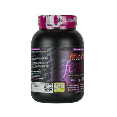Myo Vector Femme, French vainilla, 100% Proteína de suero de leche hidrolizada, Enzimas digestivas, Colágeno hidrolizado, 80 calorías por servicio, 44 Servicios.