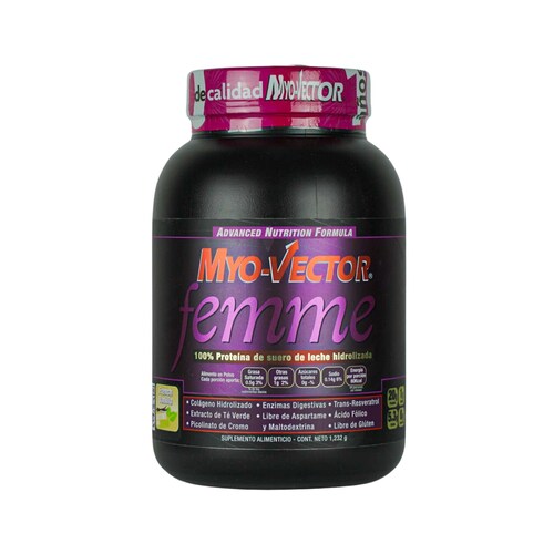 Myo Vector Femme, French vainilla, 100% Proteína de suero de leche hidrolizada, Enzimas digestivas, Colágeno hidrolizado, 80 calorías por servicio, 44 Servicios.