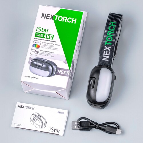 Linterna para cabeza de luz LED tipo sol de espectro completo, recargable, con cable USB tipo C, resistente a lluvia y salpicaduras.