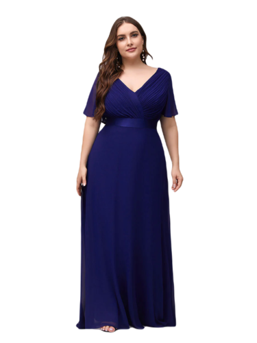 Vestido Elegante de Fiesta Largo Azul Rey Dark para Mujer Manga Ancha Cuello V T Ch a Talla Extra