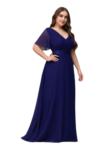 Vestido Elegante de Fiesta Largo Azul Rey Dark para Mujer Manga Ancha Cuello V T Ch a Talla Extra