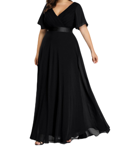 Vestido Elegante de Fiesta Largo Negro para Mujer Manga Ancha Cuello V Talla Grande