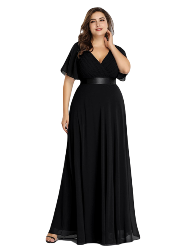 Vestido Elegante de Fiesta Largo Negro para Mujer Manga Ancha Cuello V Talla Grande