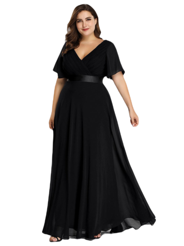 Vestido Elegante de Fiesta Largo Negro para Mujer Manga Ancha Cuello V Talla Grande