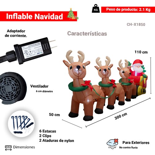 Inflable Navideño Trineo De Santa Claus Con 3 Renos 3.00mts