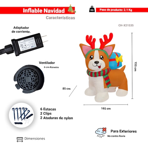 Inflable Navideño Perrito Reno Con Bufanda 1.50mts Luz Led