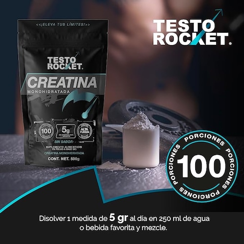 Creatina Monohidratada de Alta Pureza en Polvo - 500g | Creatina Testo Rocket - Pre workout