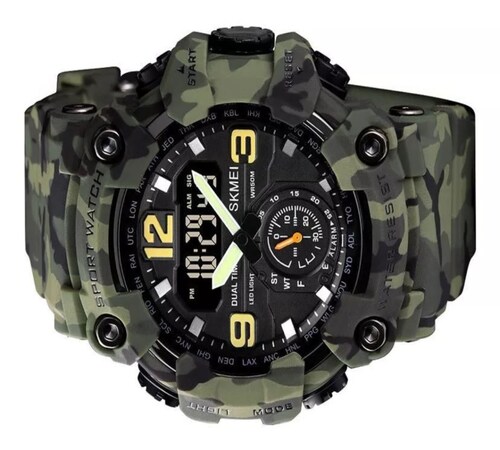 Reloj de pulsera Skmei 1637 de cuerpo color camuflado verde, analógico-digital, para hombre, fondo negro, con correa de poliuretano color camuflado verde, agujas color verde, negro y blanco, dial amarillo y blanco, subesferas color negro, minutero/segundero blanco, bisel color camuflado verde, luz verde y hebilla doble