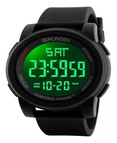 Reloj de pulsera Skmei 1257 de cuerpo color negro, digital, para hombre, fondo negro, con correa de poliuretano color negro, dial gris, minutero/segundero gris, bisel color negro, luz verde y celeste y hebilla simple