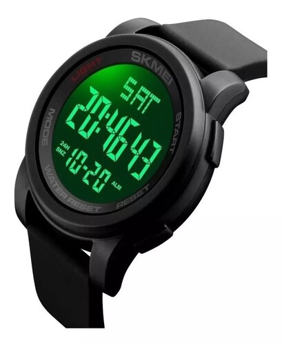 Reloj de pulsera Skmei 1257 de cuerpo color negro, digital, para hombre, fondo negro, con correa de poliuretano color negro, dial gris, minutero/segundero gris, bisel color negro, luz verde y celeste y hebilla simple