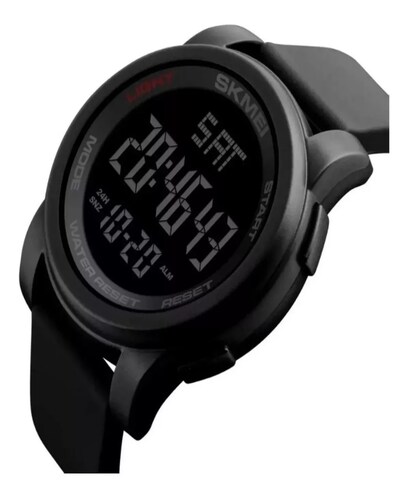Reloj de pulsera Skmei 1257 de cuerpo color negro, digital, para hombre, fondo negro, con correa de poliuretano color negro, dial gris, minutero/segundero gris, bisel color negro, luz verde y celeste y hebilla simple