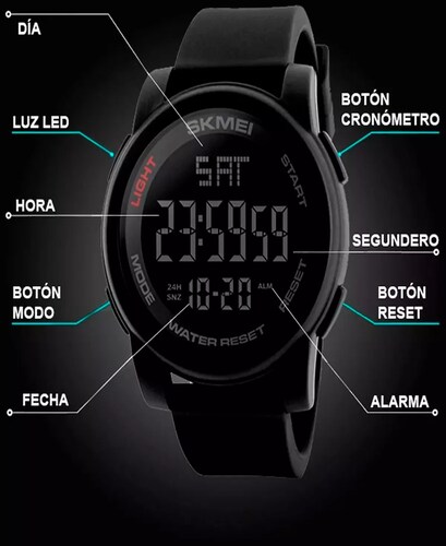 Reloj de pulsera Skmei 1257 de cuerpo color negro, digital, para hombre, fondo negro, con correa de poliuretano color negro, dial gris, minutero/segundero gris, bisel color negro, luz verde y celeste y hebilla simple