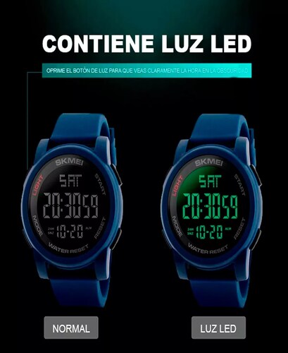 Reloj de pulsera Skmei 1257 de cuerpo color negro, digital, para hombre, fondo negro, con correa de poliuretano color negro, dial gris, minutero/segundero gris, bisel color negro, luz verde y celeste y hebilla simple