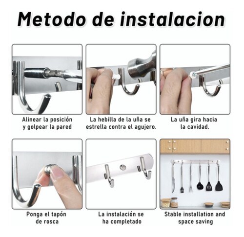 Gancho Perchero, Set 4 Perchero Pared Acero Inox 6 Ganchos