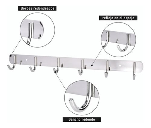 Gancho Perchero, Set 4 Perchero Pared Acero Inox 6 Ganchos