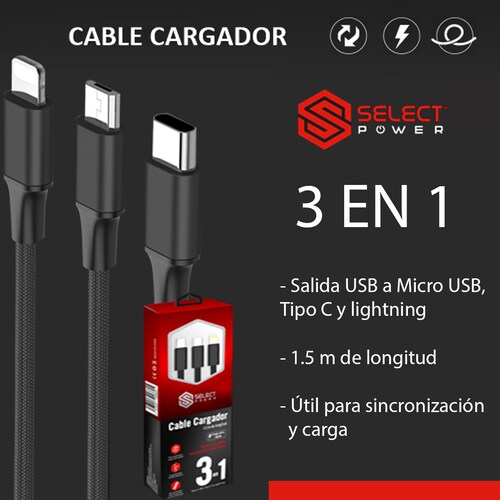 Cable De Datos Y Carga Usb 3 En 1 V8 Tipo C Lightning Select Sound