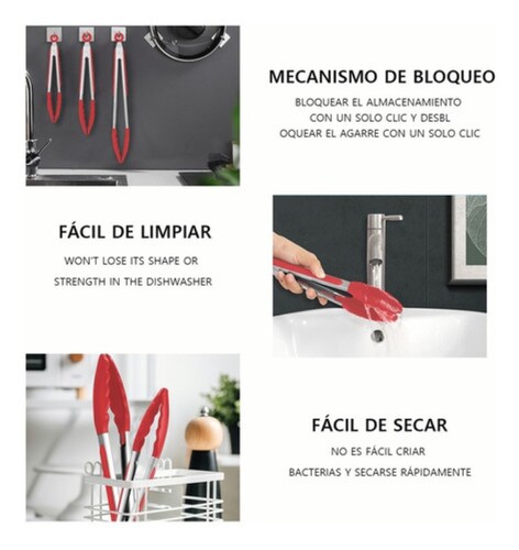 Pinzas De Cocina Silicona De Acero Inoxidable Para Cocina  Rojo/Plata 