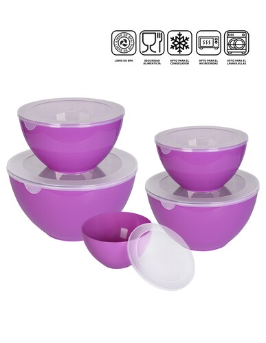 Set De 5 Recipientes Bowls De Plástico Con Tapa, Ag Box
